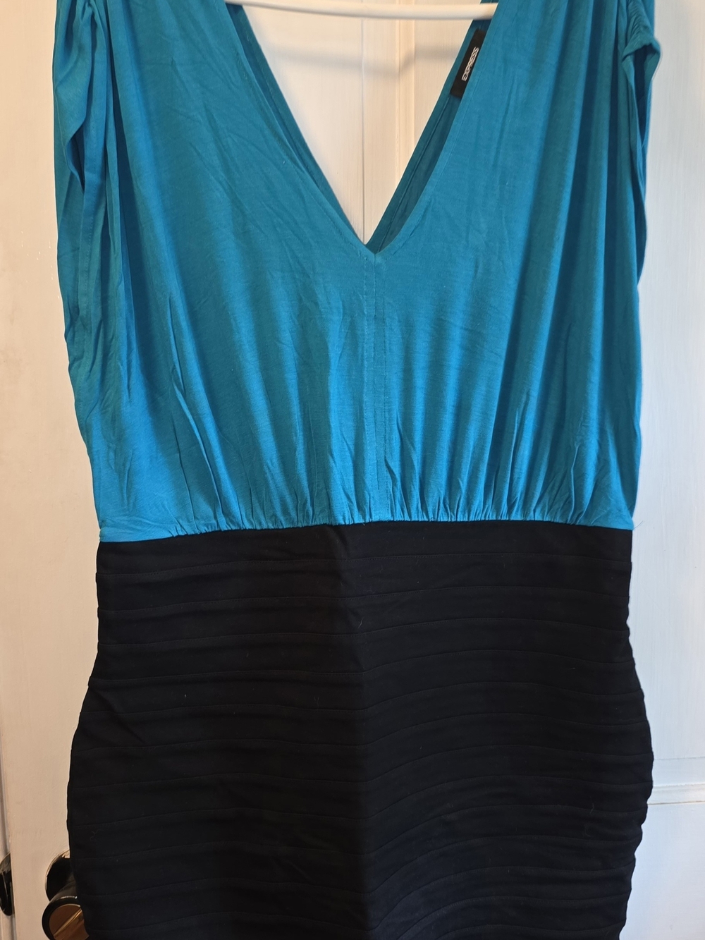 Express Womens Bandage Dress Size Large Teal Black V-Neck Colorblock Mini Bodyco